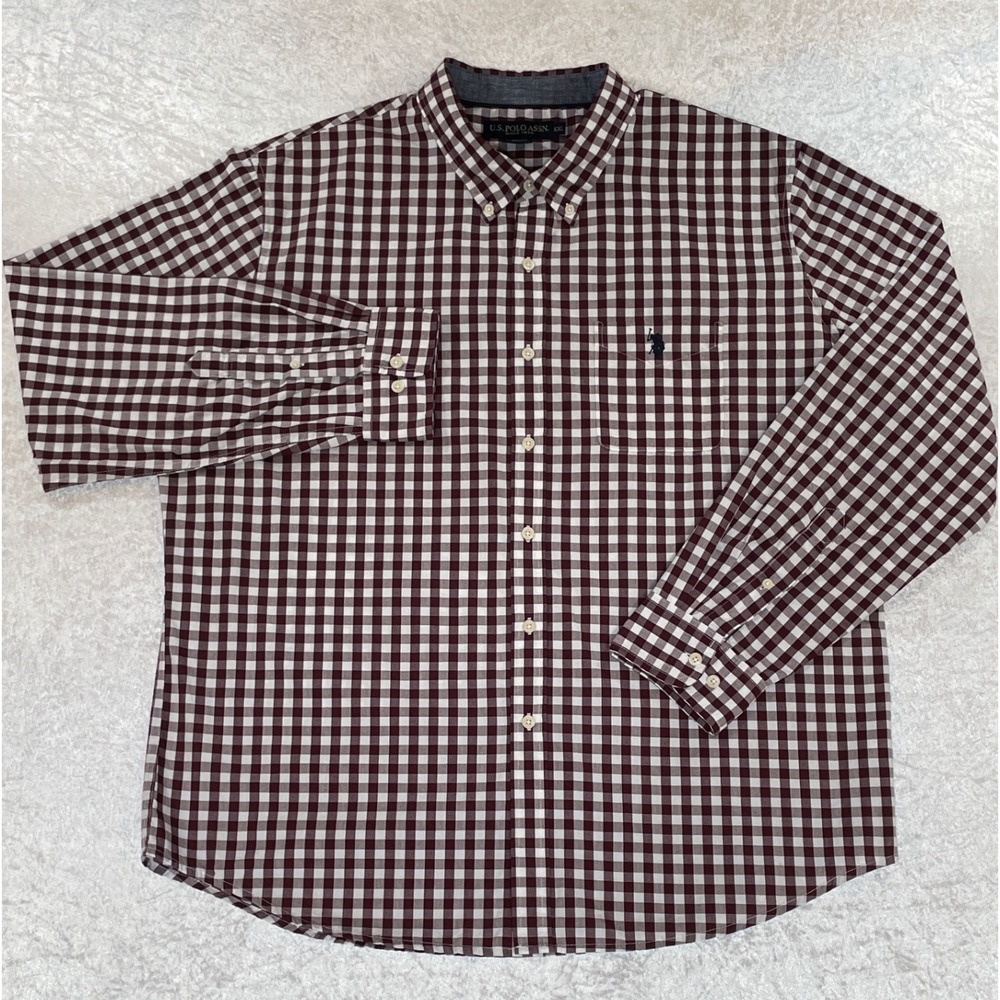 U.S. Polo Assn Button Down Mens XXL Burgundy White Gingham Good Long Shirt